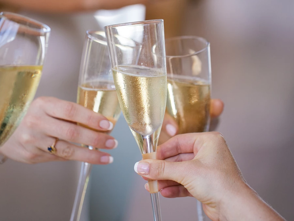 People clinking champagne flutes in a toast, celebrating a festive moment.