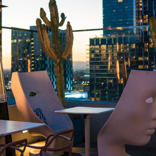 A dreamy rooftop garden at dusk with string lights, leafy plants, and a person capturing a photo in a cozy, urban oasis sunset.