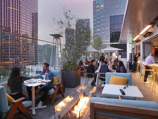 A rooftop lounge with people dining, modern furniture, planters, and a central fire pit, city skyscrapers in the background, evening glow.